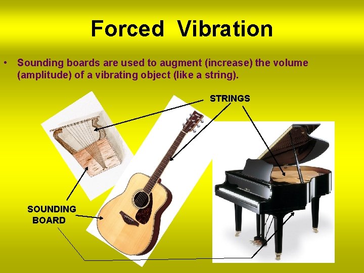 Forced Vibration • Sounding boards are used to augment (increase) the volume (amplitude) of