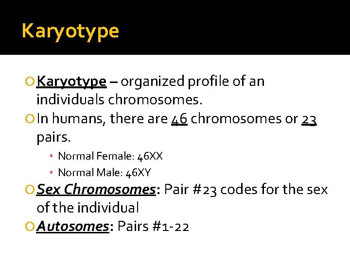 Karyotype – organized profile of an individuals chromosomes. In humans, there are 46 chromosomes