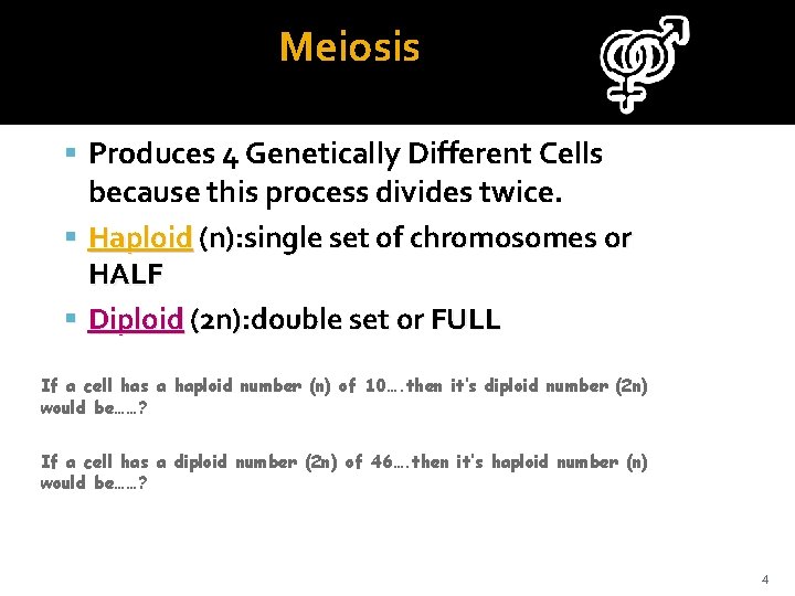 Meiosis Produces 4 Genetically Different Cells because this process divides twice. Haploid (n): single