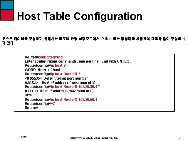 Host Table Configuration 호스트 테이블을 구성하기 위해서는 글로벌 환경 설정모드에서 IP Host라는 명령어를 사용하여