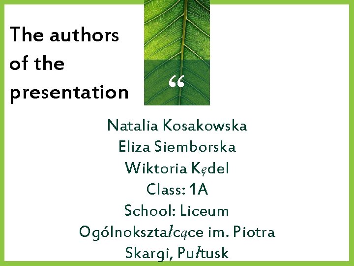The authors of the presentation “ Natalia Kosakowska Eliza Siemborska Wiktoria Kędel Class: 1