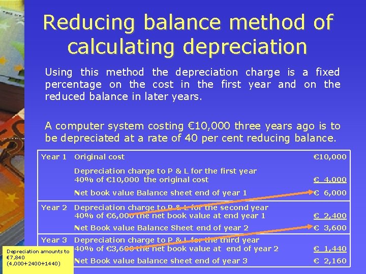 Reducing balance method of calculating depreciation Using this method the depreciation charge is a