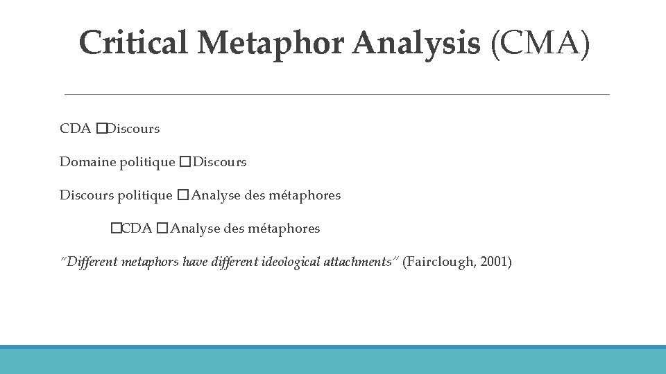 Critical Metaphor Analysis (CMA) CDA �Discours Domaine politique � Discours politique � Analyse des