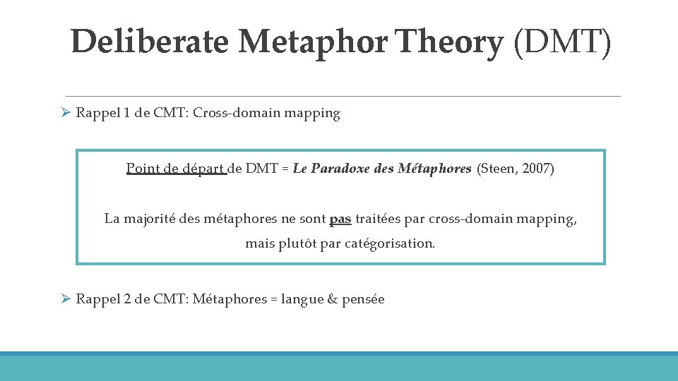 Deliberate Metaphor Theory (DMT) Ø Rappel 1 de CMT: Cross-domain mapping Point de départ