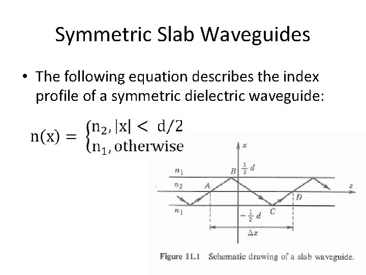 Symmetric Slab Waveguides • The following equation describes the index profile of a symmetric