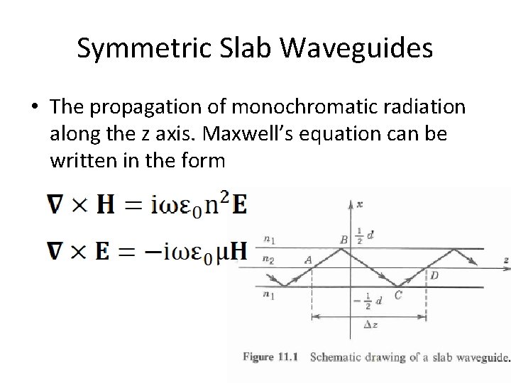 Symmetric Slab Waveguides • The propagation of monochromatic radiation along the z axis. Maxwell’s