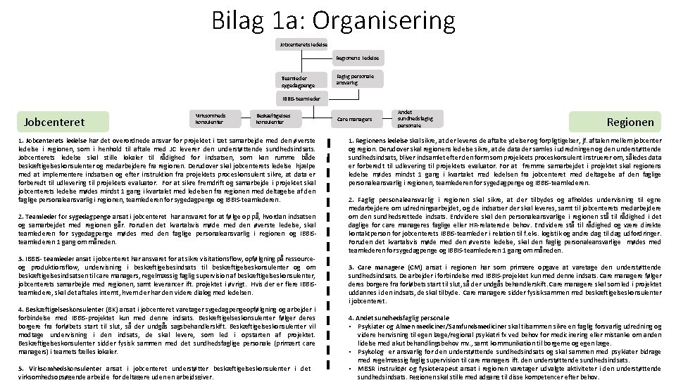 Bilag 1 a: Organisering Jobcenterets ledelse Regionens ledelse Teamleder sygedagpenge Faglig personale ansvarlig IBBIS-teamleder