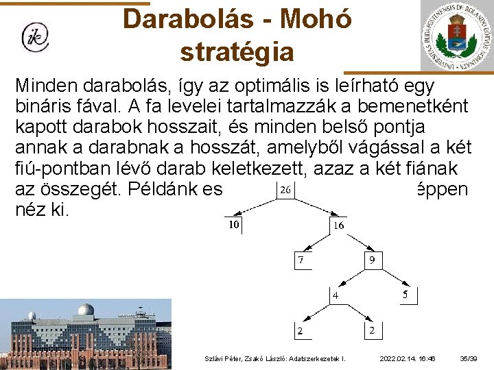 Darabolás - Mohó stratégia Minden darabolás, így az optimális is leírható egy bináris fával.