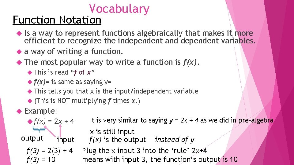 Vocabulary Function Notation Is a way to represent functions algebraically that makes it more