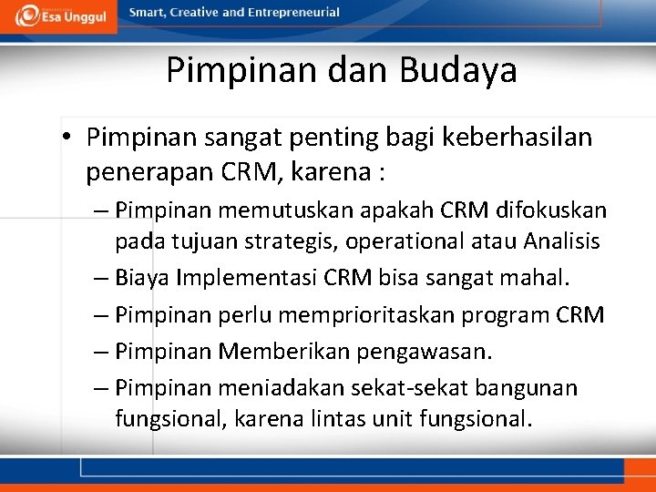 Pimpinan dan Budaya • Pimpinan sangat penting bagi keberhasilan penerapan CRM, karena : –