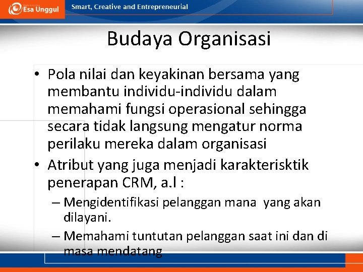 Budaya Organisasi • Pola nilai dan keyakinan bersama yang membantu individu-individu dalam memahami fungsi