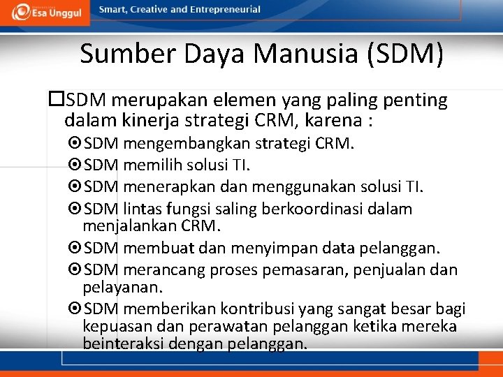 Sumber Daya Manusia (SDM) SDM merupakan elemen yang paling penting dalam kinerja strategi CRM,