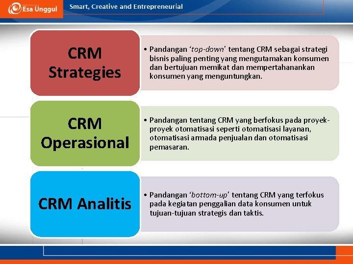 CRM Strategies • Pandangan ‘top-down’ tentang CRM sebagai strategi bisnis paling penting yang mengutamakan