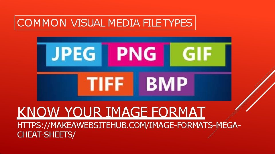 COMMON VISUAL MEDIA FILE TYPES KNOW YOUR IMAGE FORMAT HTTPS: //MAKEAWEBSITEHUB. COM/IMAGE-FORMATS-MEGACHEAT-SHEETS/ 