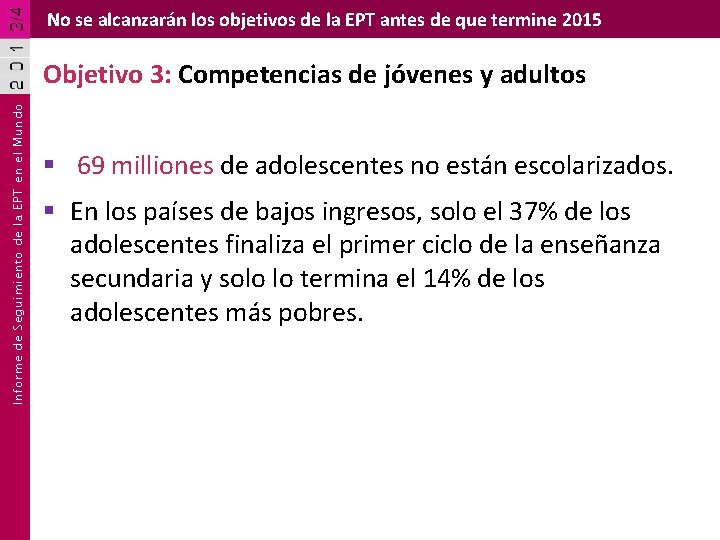 No se alcanzarán los objetivos de la EPT antes de que termine 2015 Informe