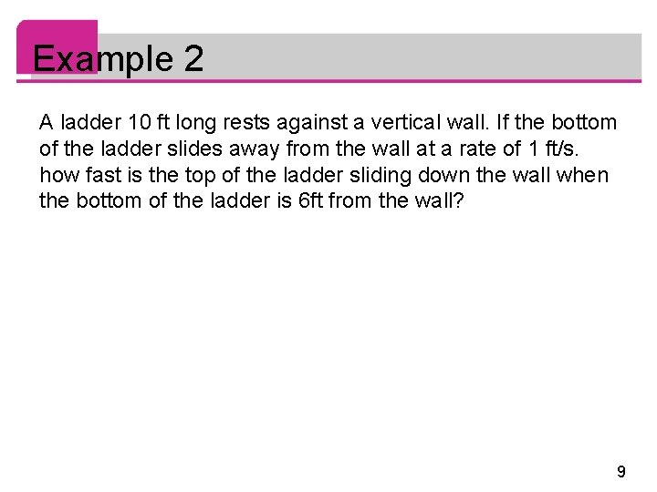 Example 2 A ladder 10 ft long rests against a vertical wall. If the