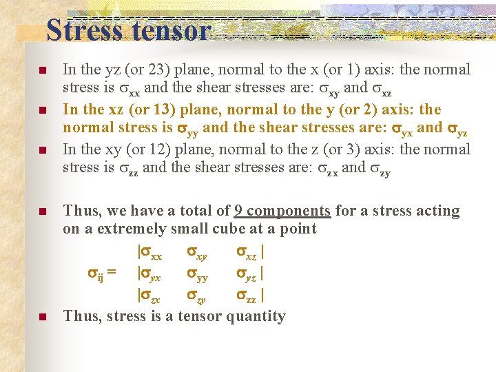 Stress tensor n n n In the yz (or 23) plane, normal to the