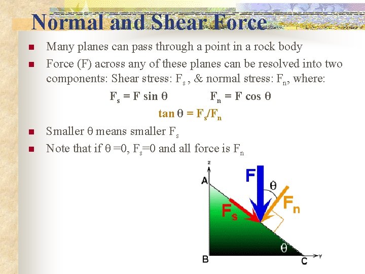 Normal and Shear Force n n Many planes can pass through a point in