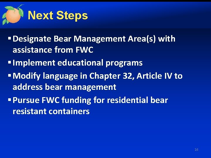 Next Steps § Designate Bear Management Area(s) with assistance from FWC § Implement educational