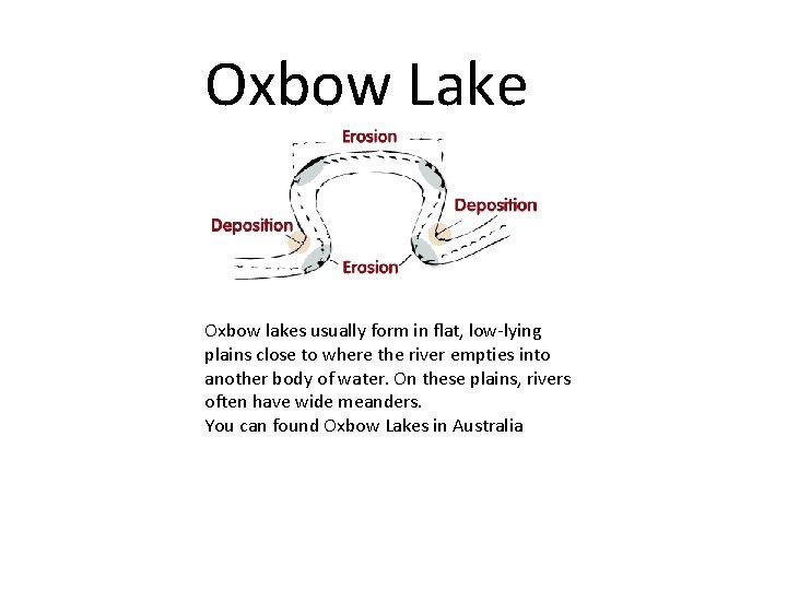 Oxbow Lake Oxbow lakes usually form in flat, low-lying plains close to where the Oxbow Lake Oxbow lakes usually form in flat, low-lying plains close to where the
