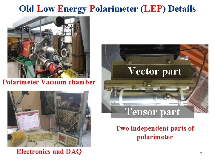 Old Low Energy Polarimeter (LEP) Details Vector part Polarimeter Vacuum chamber Tensor part Two