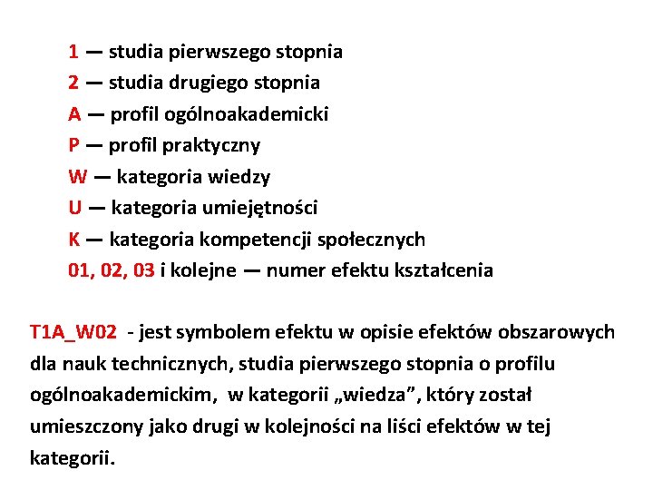 1 — studia pierwszego stopnia 2 — studia drugiego stopnia A — profil ogólnoakademicki