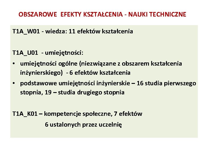 OBSZAROWE EFEKTY KSZTAŁCENIA - NAUKI TECHNICZNE T 1 A_W 01 - wiedza: 11 efektów