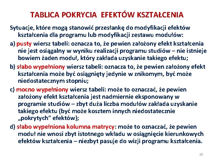 TABLICA POKRYCIA EFEKTÓW KSZTAŁCENIA Sytuacje, które mogą stanowić przesłankę do modyfikacji efektów kształcenia dla