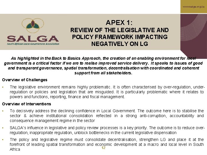 www. salga. org. za APEX 1: REVIEW OF THE LEGISLATIVE AND POLICY FRAMEWORK IMPACTING