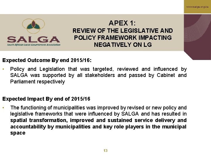 www. salga. org. za APEX 1: REVIEW OF THE LEGISLATIVE AND POLICY FRAMEWORK IMPACTING