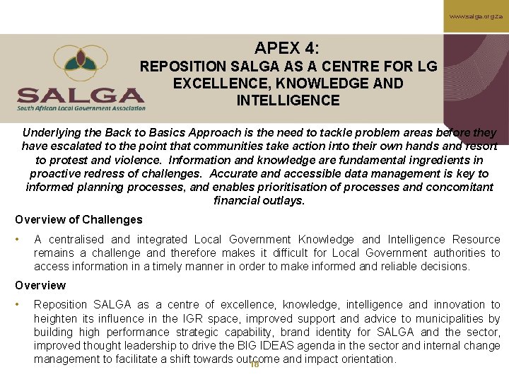 www. salga. org. za APEX 4: REPOSITION SALGA AS A CENTRE FOR LG EXCELLENCE,