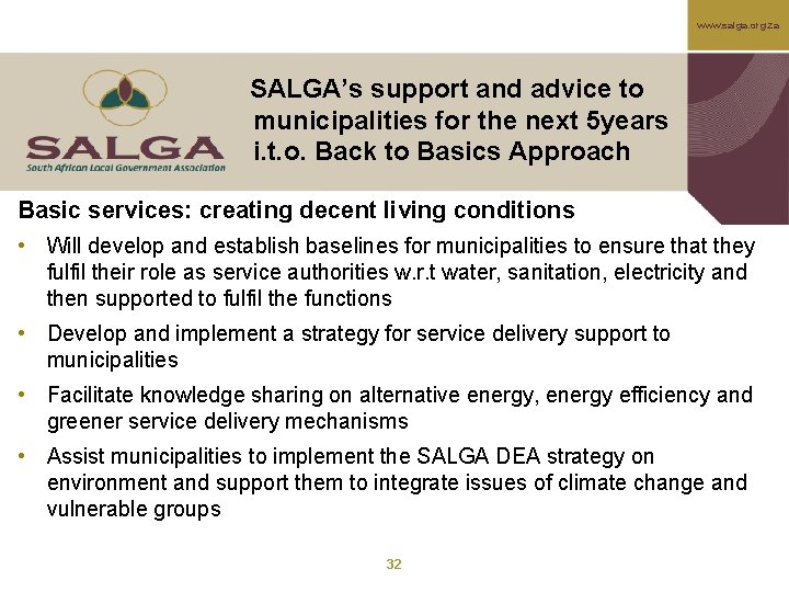 www. salga. org. za SALGA’s support and advice to municipalities for the next 5