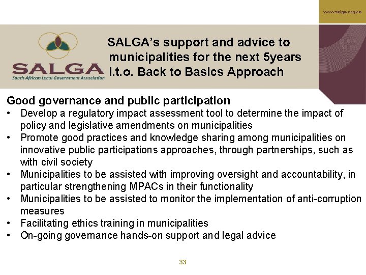 www. salga. org. za SALGA’s support and advice to municipalities for the next 5