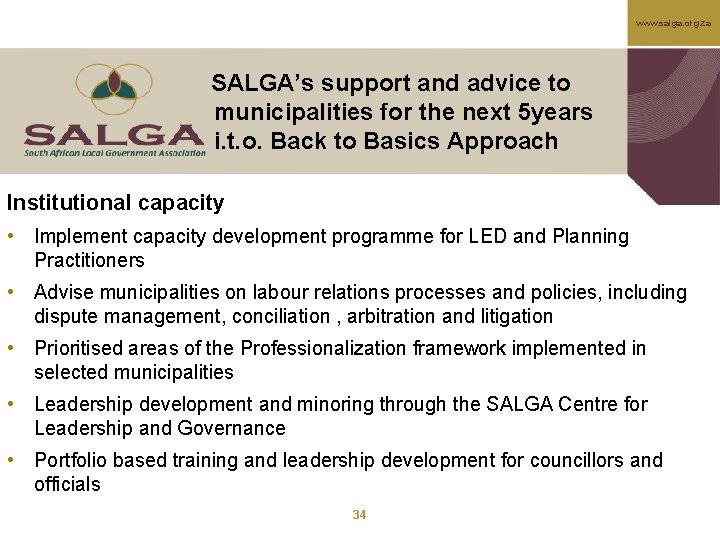 www. salga. org. za SALGA’s support and advice to municipalities for the next 5