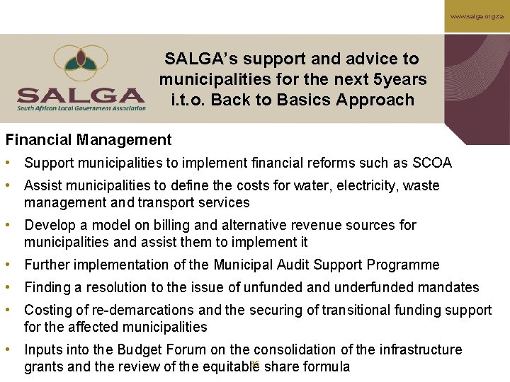 www. salga. org. za SALGA’s support and advice to municipalities for the next 5