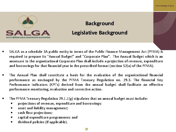 www. salga. org. za Background Legislative Background § SALGA as a schedule 3 A