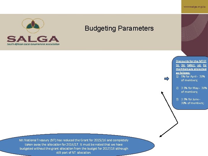 www. salga. org. za Budgeting Parameters Discounts for the MTEF to be taken up