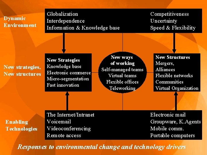 Dynamic Environment Globalization Interdependence Information & Knowledge base New strategies, New structures New Strategies