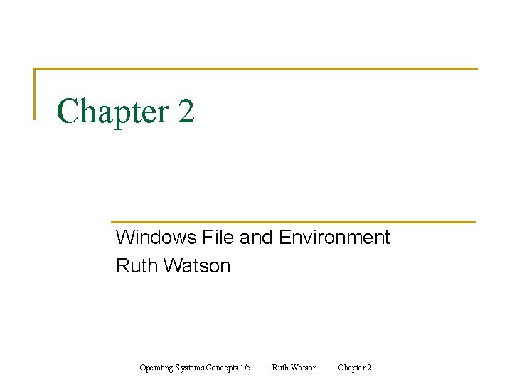 Chapter 2 Windows File and Environment Ruth Watson Operating Systems Concepts 1/e Ruth Watson