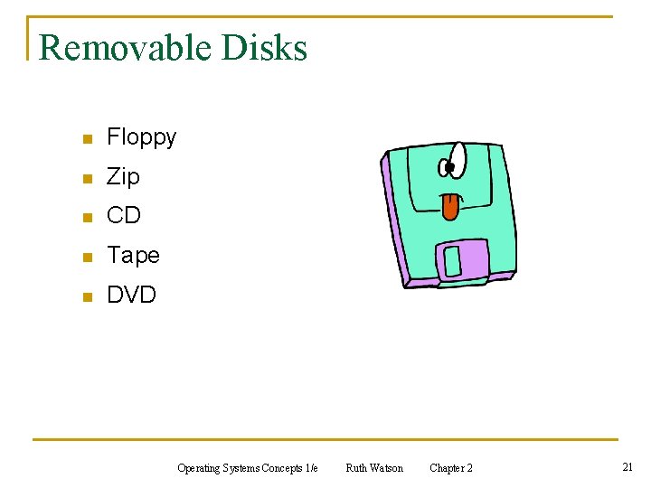 Removable Disks n Floppy n Zip n CD n Tape n DVD Operating Systems