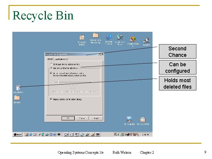 Recycle Bin Second Chance Can be configured Holds most deleted files Operating Systems Concepts