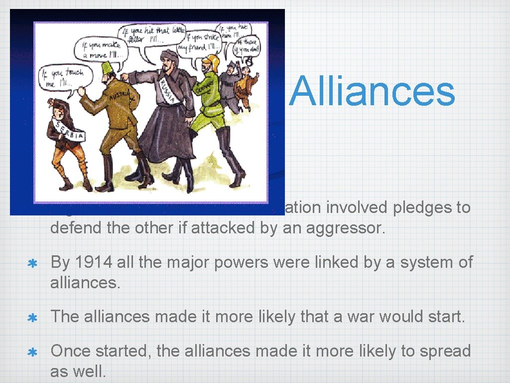 Alliances Signed treaties in which each nation involved pledges to defend the other if