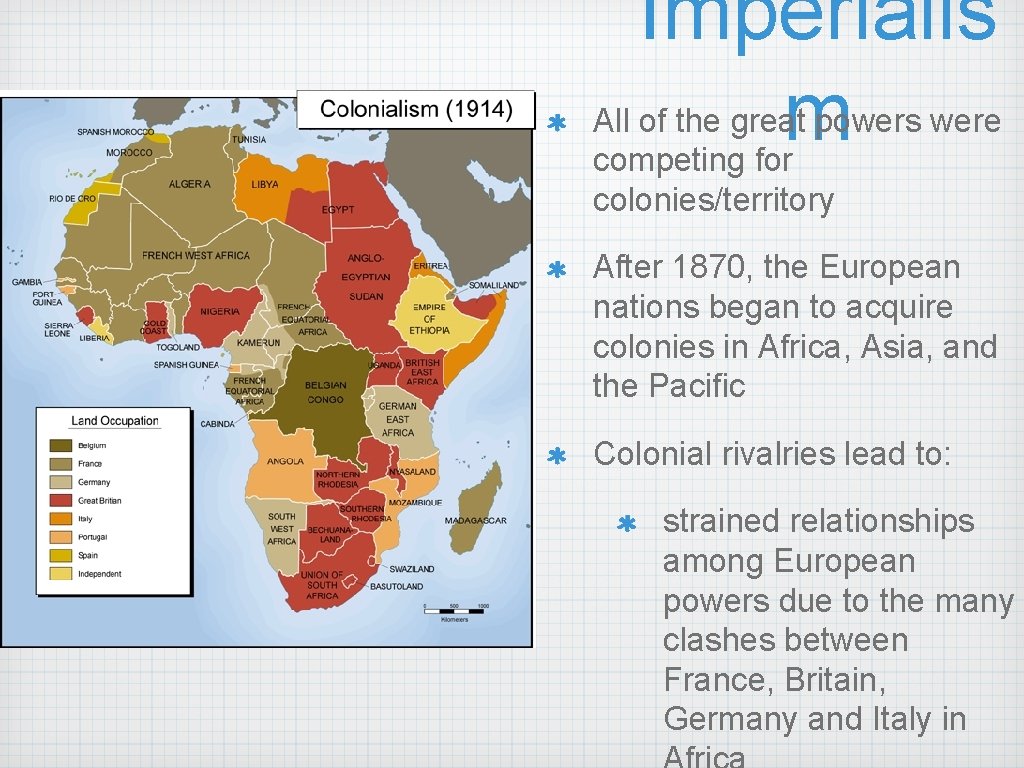 Imperialis m All of the great powers were competing for colonies/territory After 1870, the