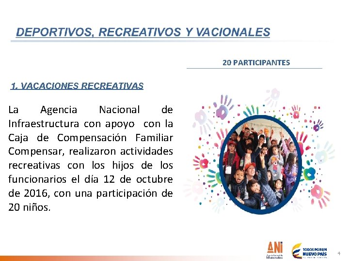 20 PARTICIPANTES 1. VACACIONES RECREATIVAS La Agencia Nacional de Infraestructura con apoyo con la