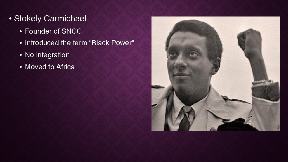  • Stokely Carmichael • Founder of SNCC • Introduced the term “Black Power”