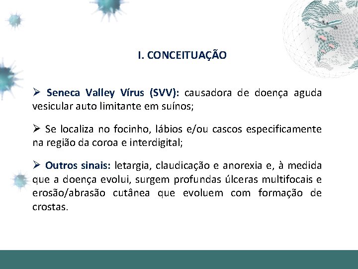 I. CONCEITUAÇÃO Ø Seneca Valley Vírus (SVV): causadora de doença aguda vesicular auto limitante