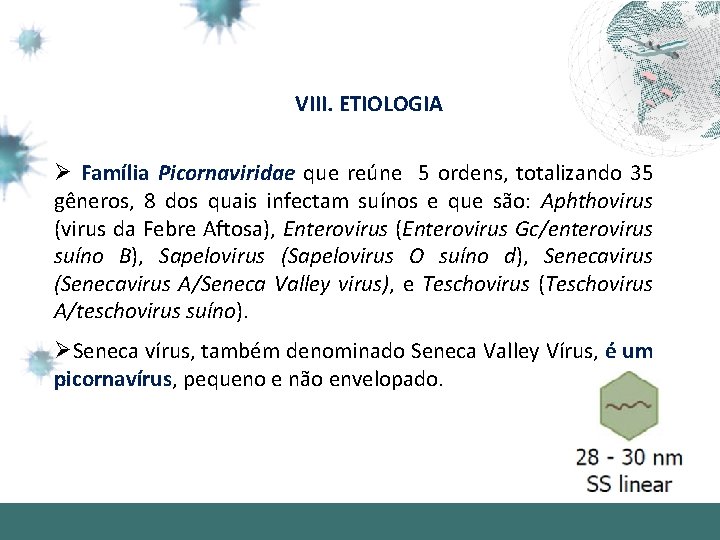 VIII. ETIOLOGIA Ø Família Picornaviridae que reúne 5 ordens, totalizando 35 gêneros, 8 dos