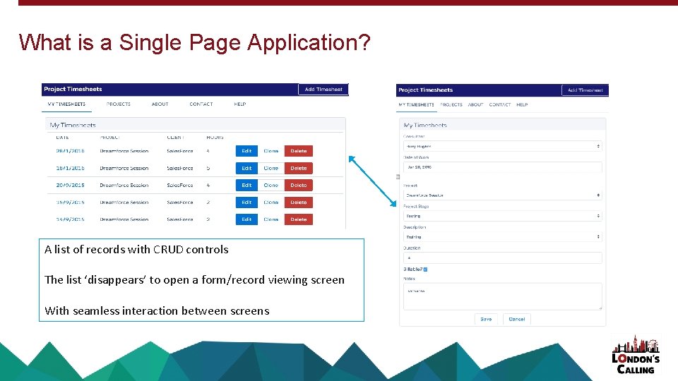 What is a Single Page Application? A list of records with CRUD controls The What is a Single Page Application? A list of records with CRUD controls The