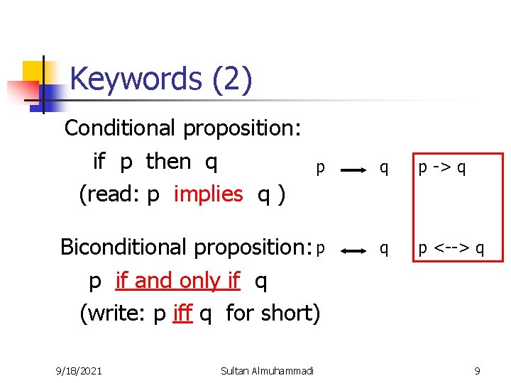 Keywords (2) Conditional proposition: if p then q (read: p implies q ) p