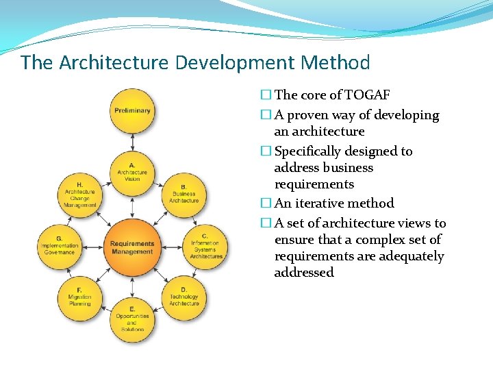 The Architecture Development Method � The core of TOGAF � A proven way of